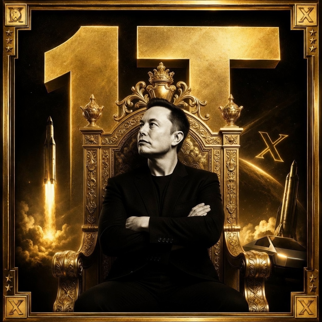 Elon Musk on the golden throne of the trillionaire